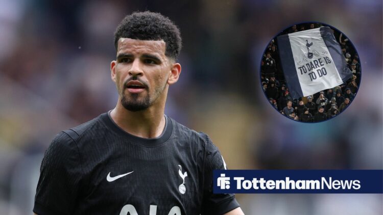 Tottenham's Dominic Solanke with Spurs flag inset