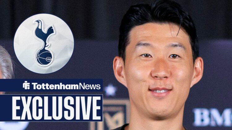Son Heung-min smiling at Tottenham badge in circular inset