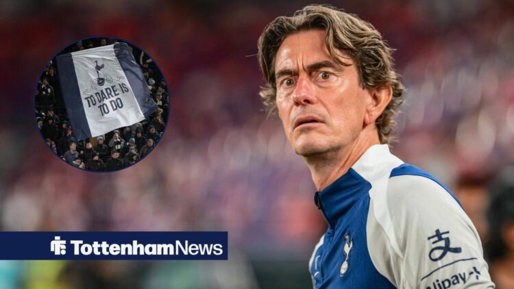 Tottenham boss Thomas Frank with Spurs fans inset