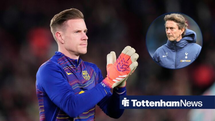 Marc-Andre Ter Stegen claps in Barcelona training kit and Thomas Frank in a round overlay