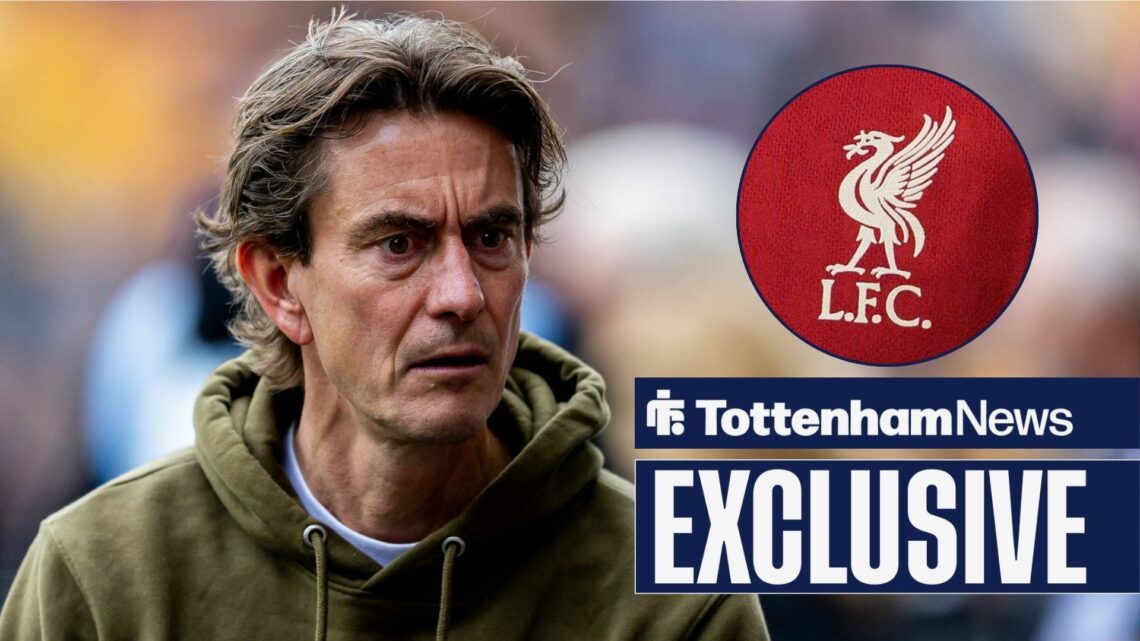 Tottenham boss Thomas Frank looking furious, Liverpool badge in inset.