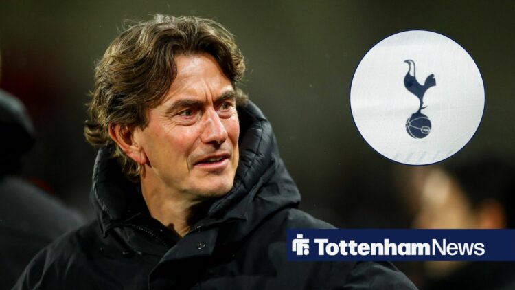 Tottenham boss Thomas Frank looking angry, Spurs badge in inset.