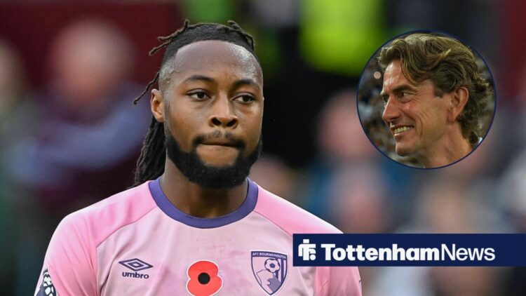 Bournemouth forward Antoine Semenyo and Tottenham manager Thomas Frank in circular inset