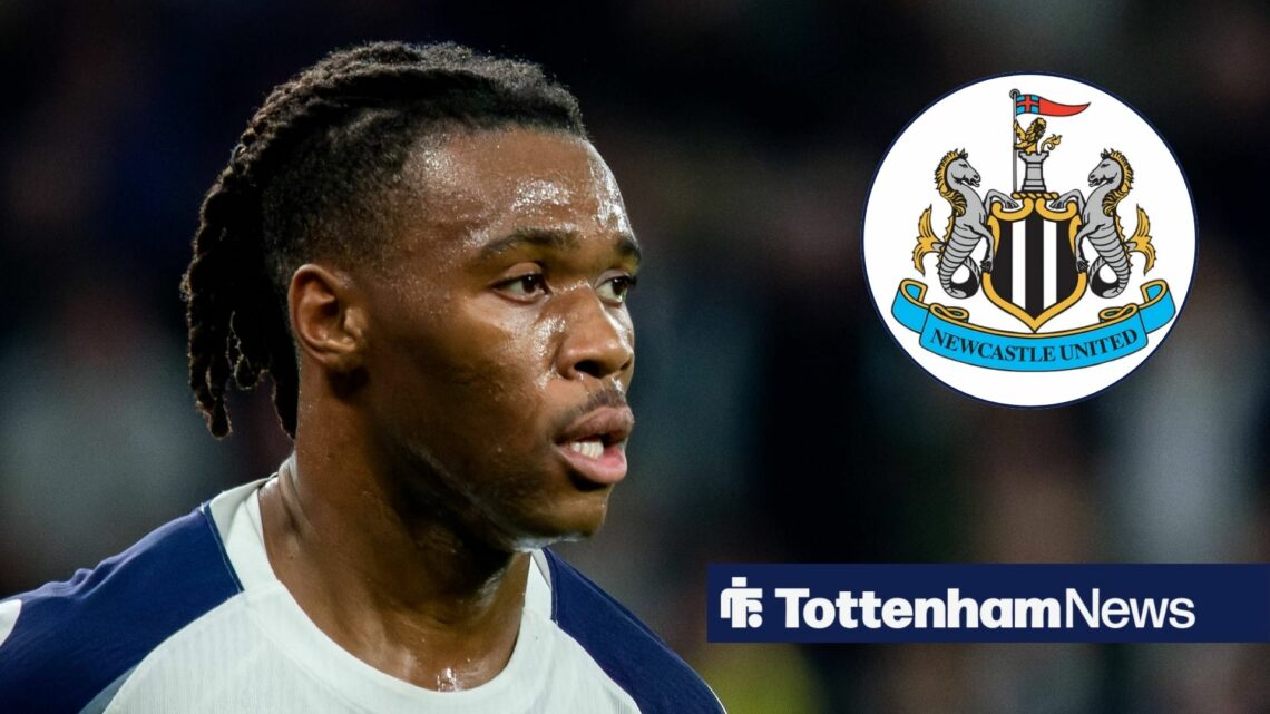 Destiny Udogie in action for Tottenham and Newcastle United badge in circular inset