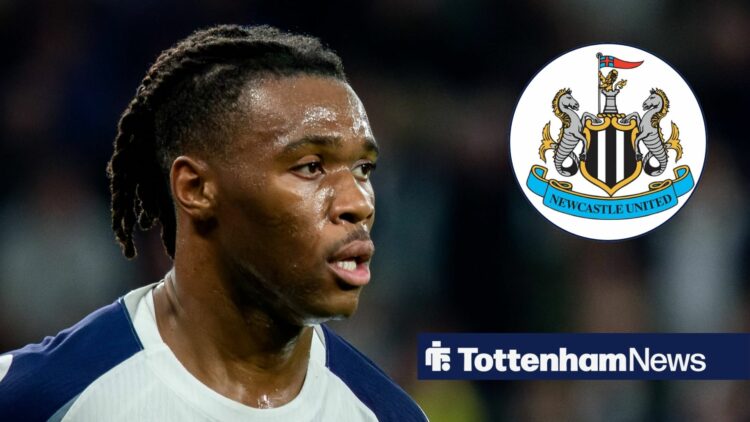 Destiny Udogie in action for Tottenham and Newcastle United badge in circular inset