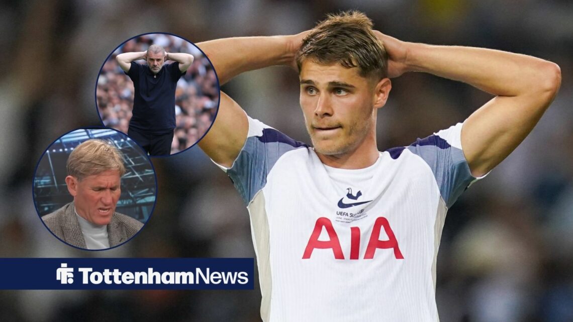 Micky van de Ven puts his hands on his head with Ange Postecoglou doing the same and Simon Jordan talking in round overlays