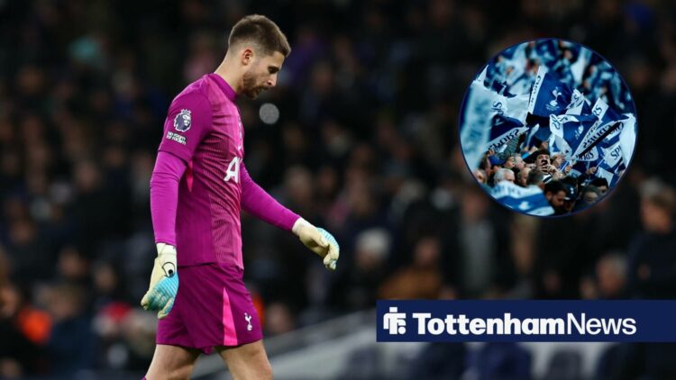 Guglielmo Vicario looks dejected with Tottenham fans waving flags in a round overlay