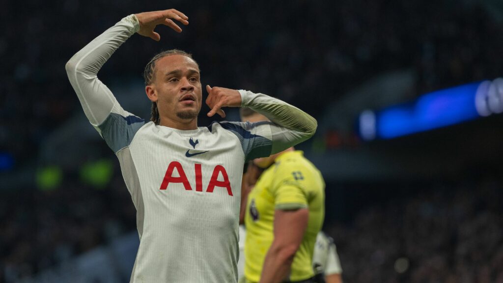 Xavi Simons celebrates scoring for Tottenham