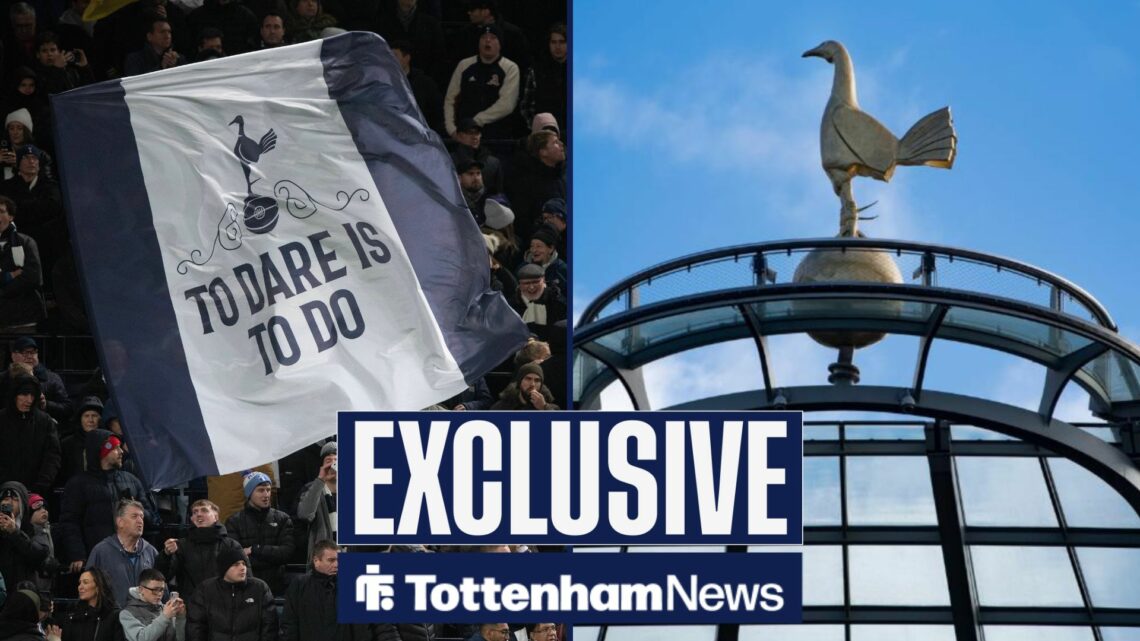 Tottenham fans and Tottenham Hotspur Stadium in split image