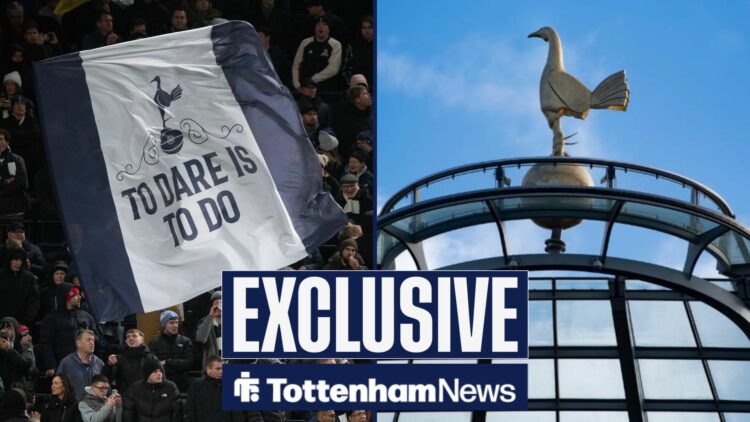 Tottenham fans and Tottenham Hotspur Stadium in split image