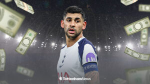 Cristian Romero playing for Tottenham surrounded by bank notes