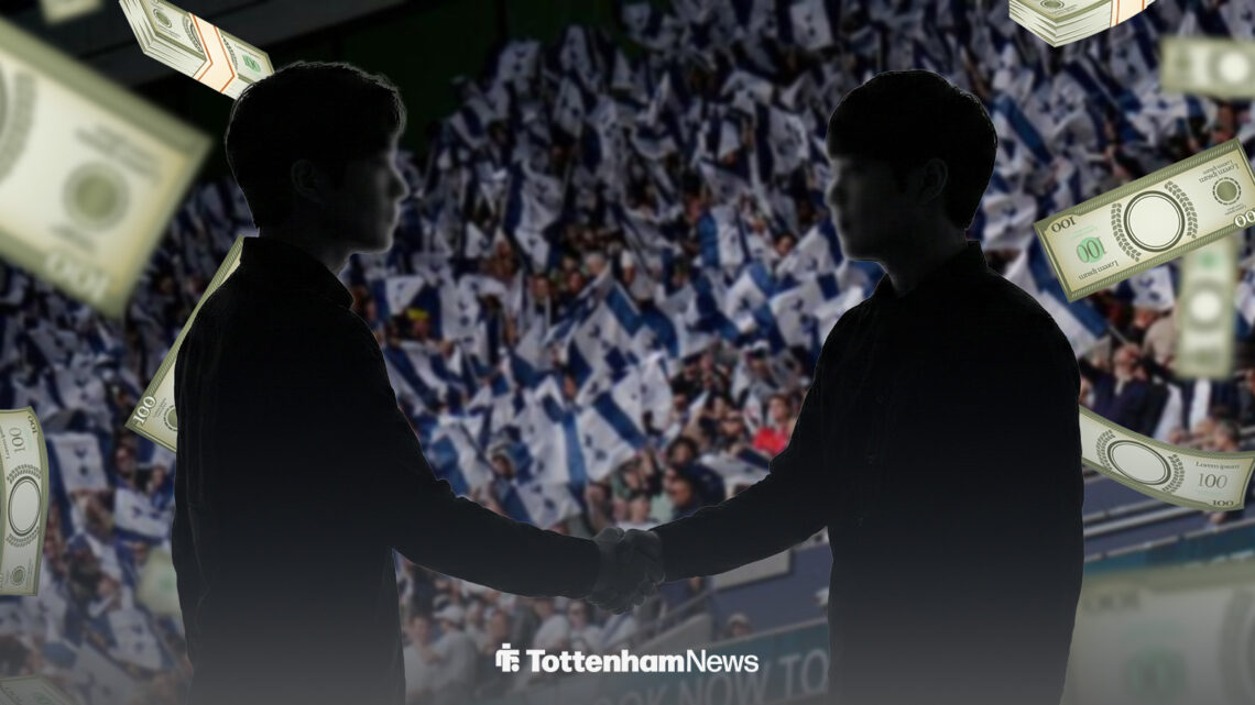 Tottenham Hotspur Stadium in the background as shadowy figures shake hands.