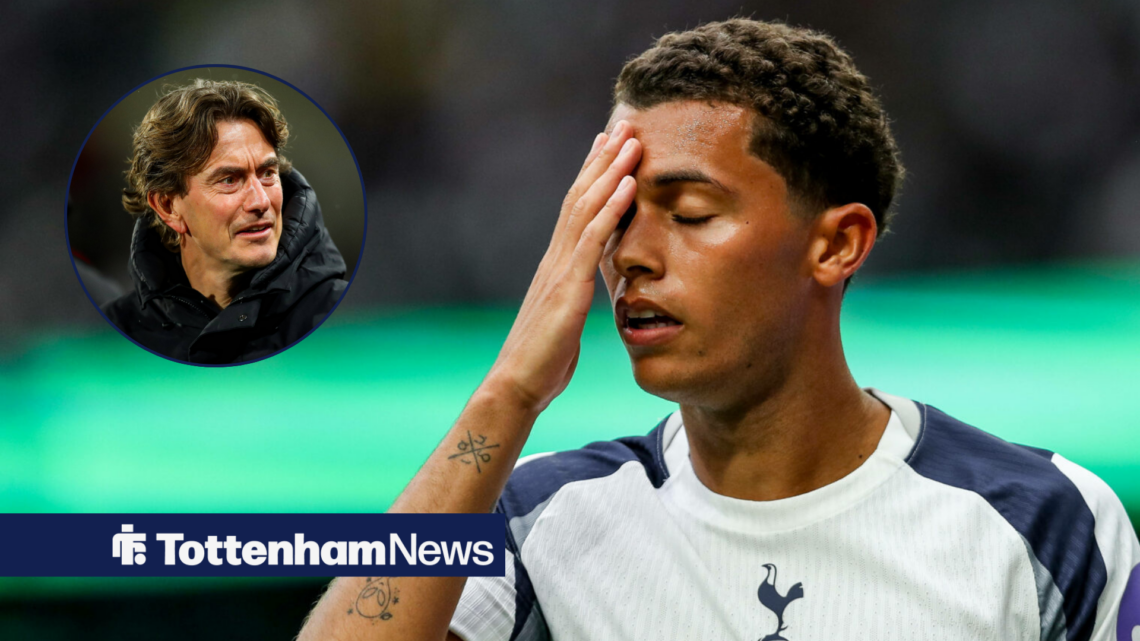 Tottenham forward Brennan Johnson and a circular inset of Thomas Frank