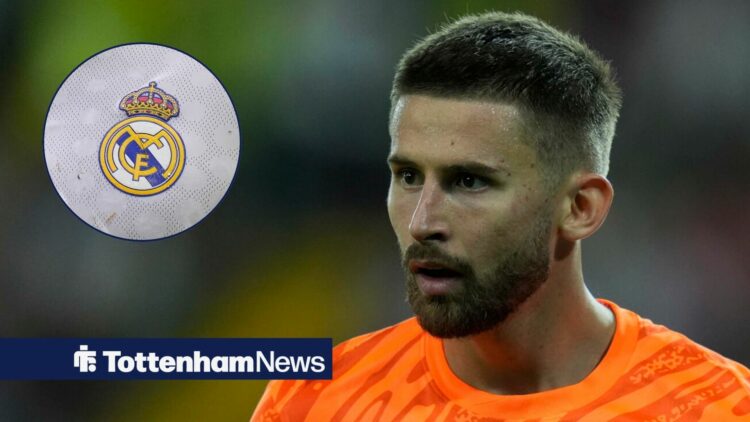 Guglielmo Vicario at Tottenham with Real Madrid badge in frame