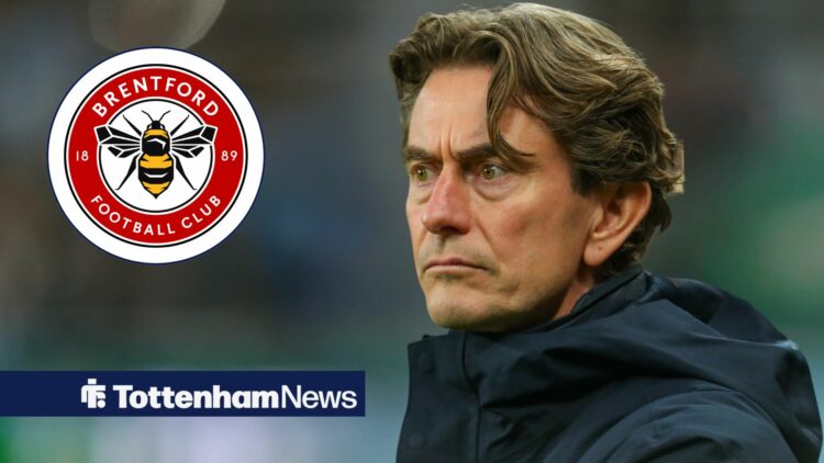 Thomas Frank looking annoyed towards a circle inset of the Brentford badge