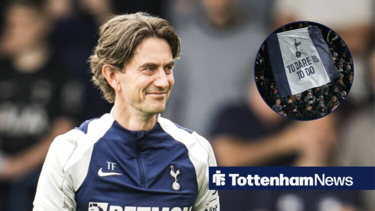 Thomas Frank smiling alongside a circle inset of the Tottenham fans.