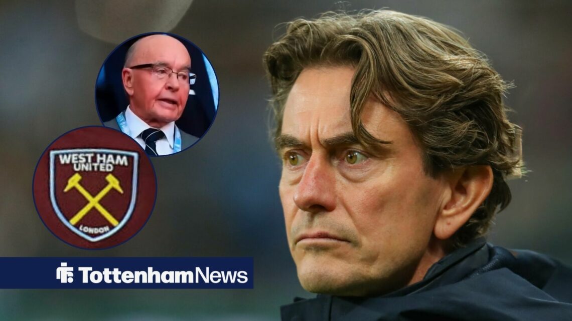 Thomas Frank looking worried in the direction of Joe Lewis and a West Ham badge.