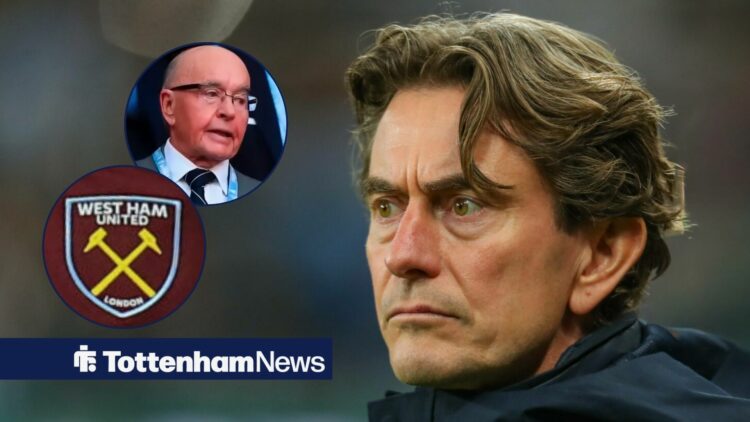 Thomas Frank looking worried in the direction of Joe Lewis and a West Ham badge.