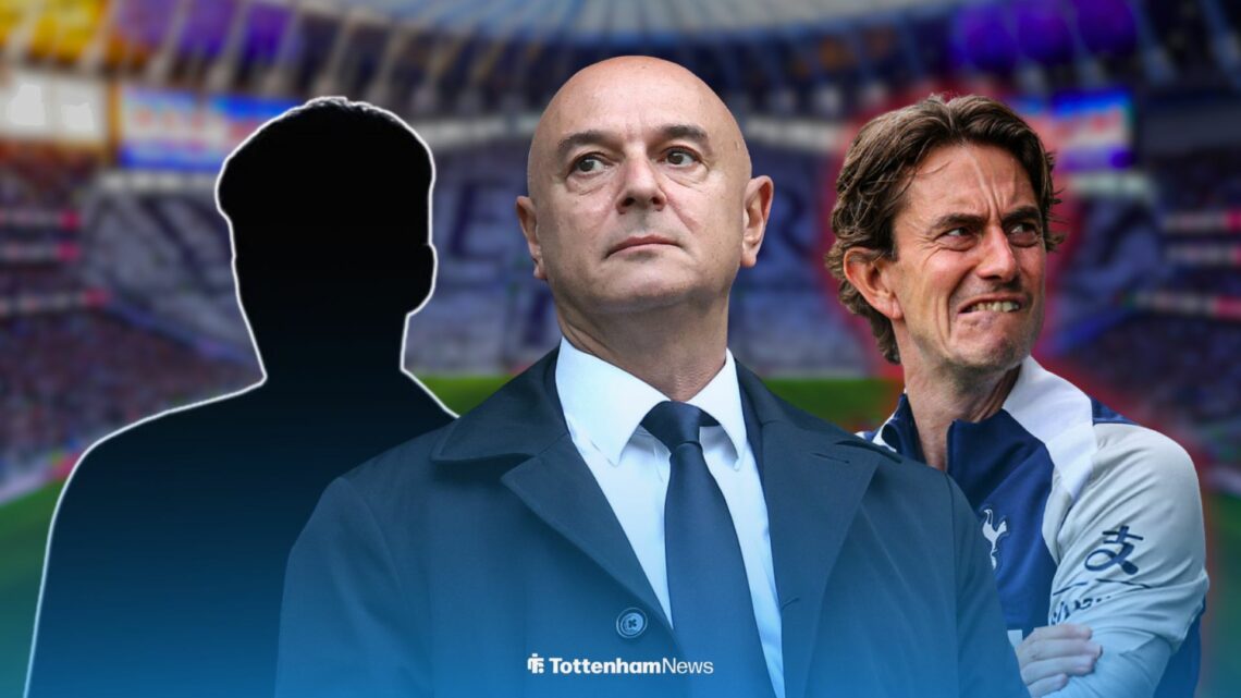 Daniel Levy with Thomas Frank and silhouette of Ryan Mason