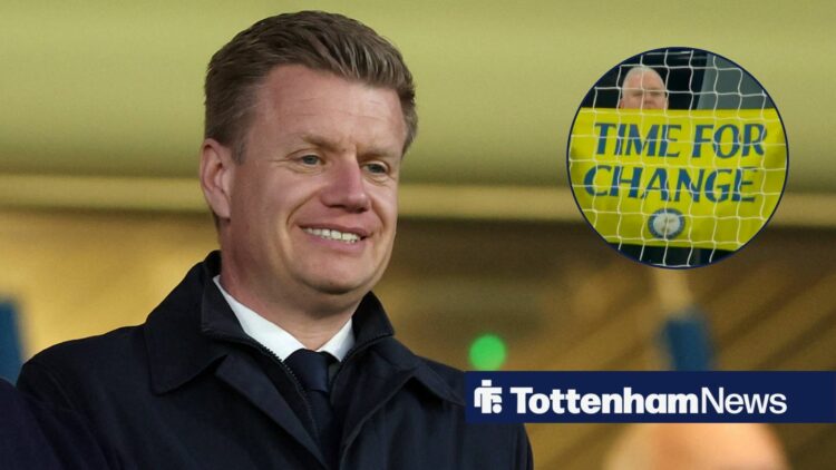 Johan Lange looking towards a circle inset of Tottenham fans holding up a banner