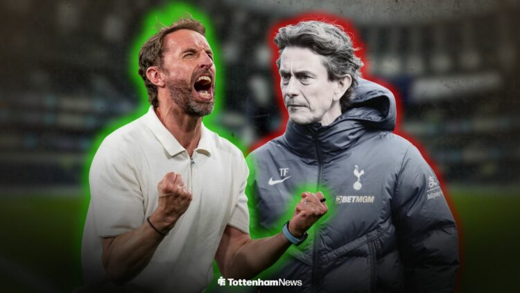 Gareth Southgate celebrating next to Thomas Frank looking annoyed