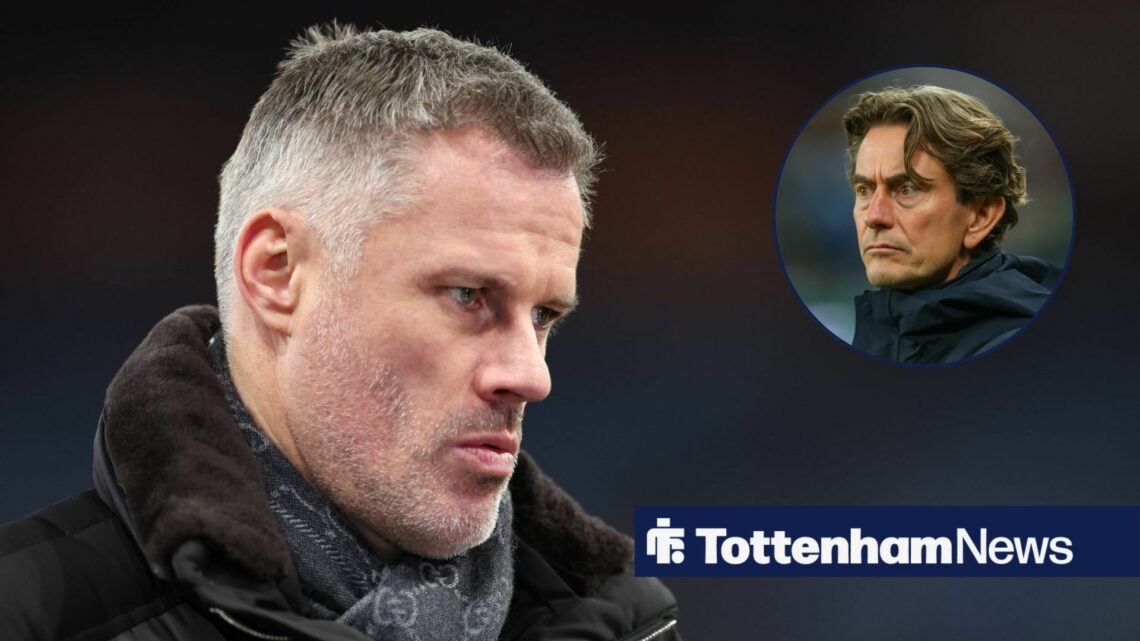 Jamie Carragher looking concerned alongside a circle inset of Thomas Frank.