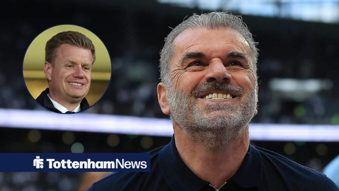 Johan Lange smiling in the direction of Ange Postecoglou.