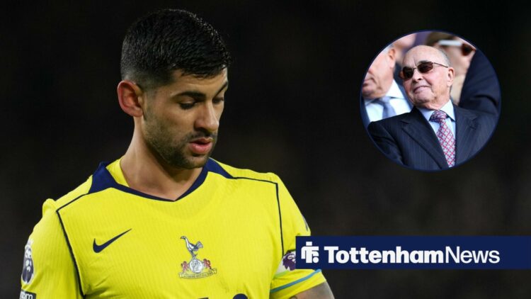 Tottenham's Cristian Romero looking down with Joe Lewis in circular inset