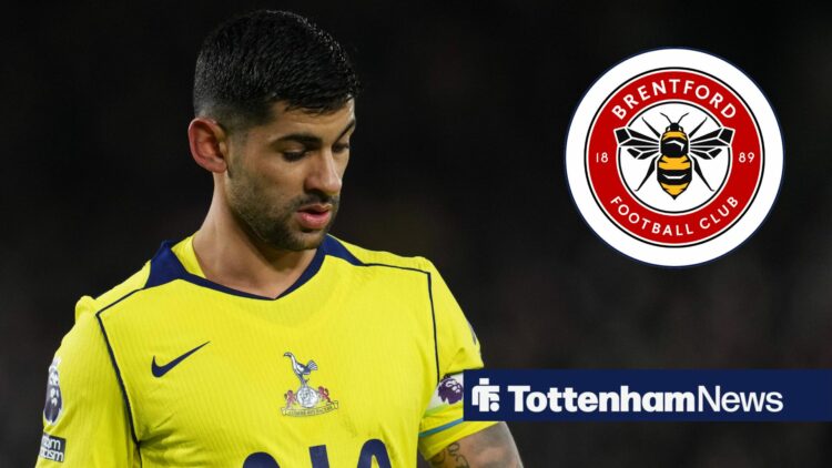 Cristian Romero looking frustrated while playing for Tottenham towards a circle inset of the Brentford badge