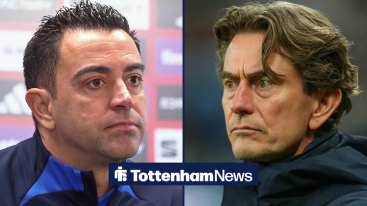 Thomas Frank looking scared in the direction of Xavi Hernandez.