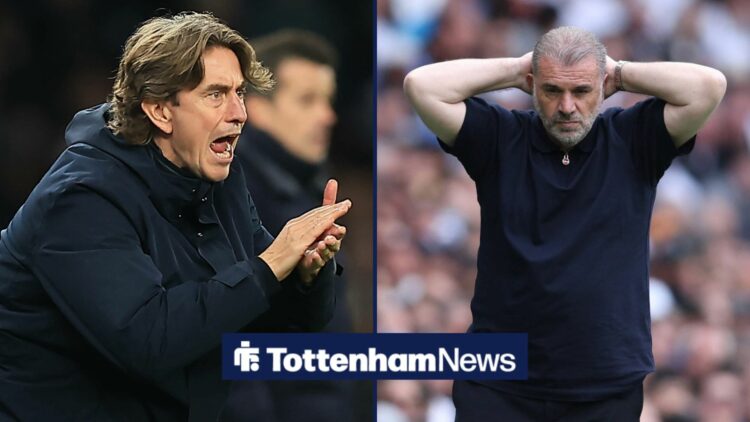 Thomas Frank applauds, while Ange Postecoglou has his head in his hands alongside him