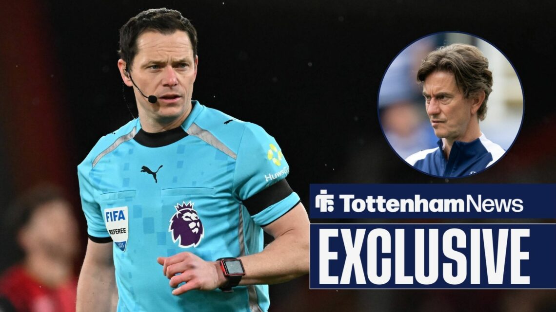 Referee Darren England with Tottenham's Thomas Frank inset
