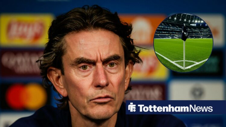 Thomas Frank at a press conference, with the Tottenham Hotspur Stadium in a circular frame