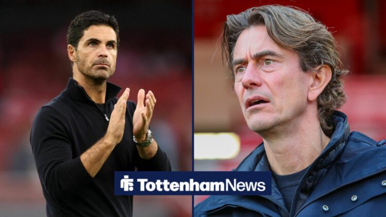 Thomas Frank next to Mikel Arteta