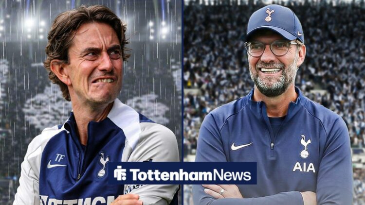 Jurgen Klopp in a Spurs tracksuit looking at Thomas Frank