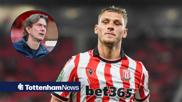 Jamie Donley in action for Stoke, Tottenham boss Thomas Frank angry in inset.