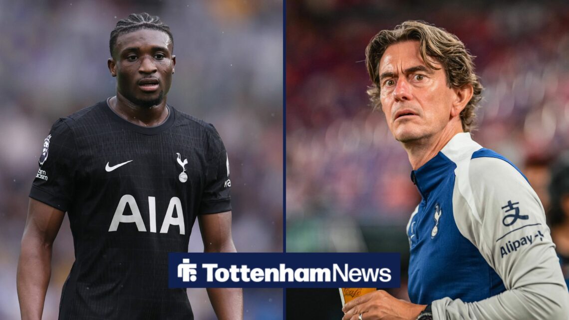 A split image of Tottenham's Mohammed Kudus and Thomas Frank
