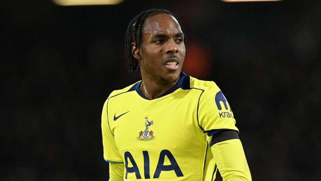 Mathys Tel looking unhappy in action for Tottenham.