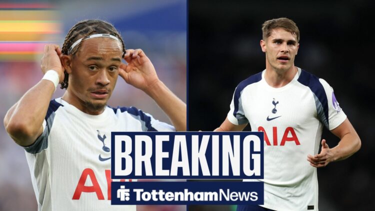 A split image of Spurs players Micky van de Ven and Xavi Simons
