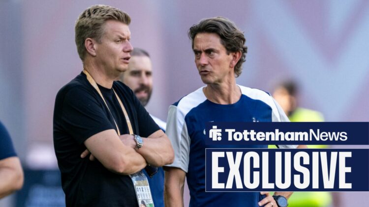 Tottenham boss Thomas Frank and Johan Lange in discussion.