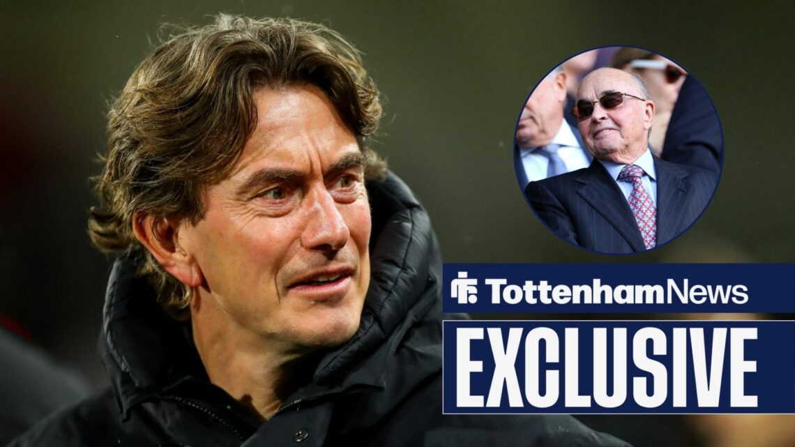 Tottenham manager Thomas Frank looking confused, Joe Lewis in inset.