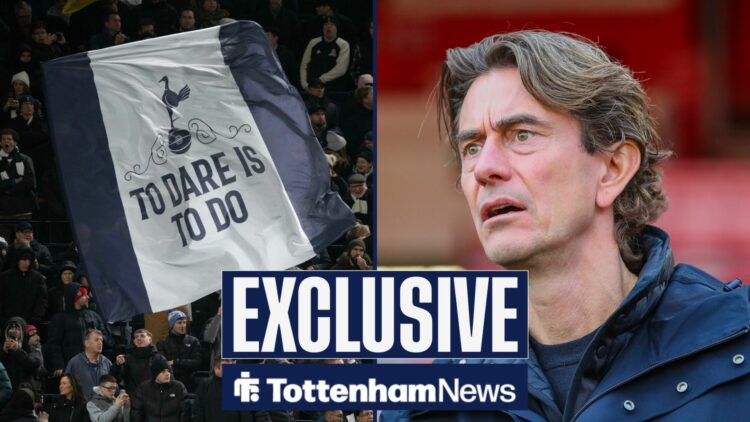 Tottenham manager Thomas Frank looking sad, fans in inset.