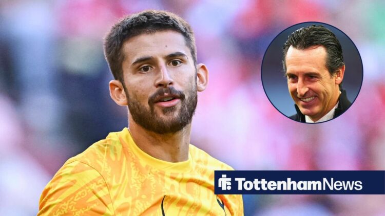 Tottenham goalkeeper Guglielmo Vicario and Aston Villa manager Unai Emery in circular inset