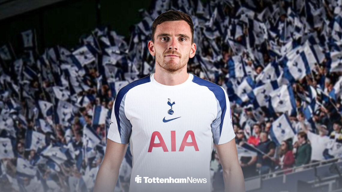 Liverpool's Andrew Robertson in a Tottenham home shirt