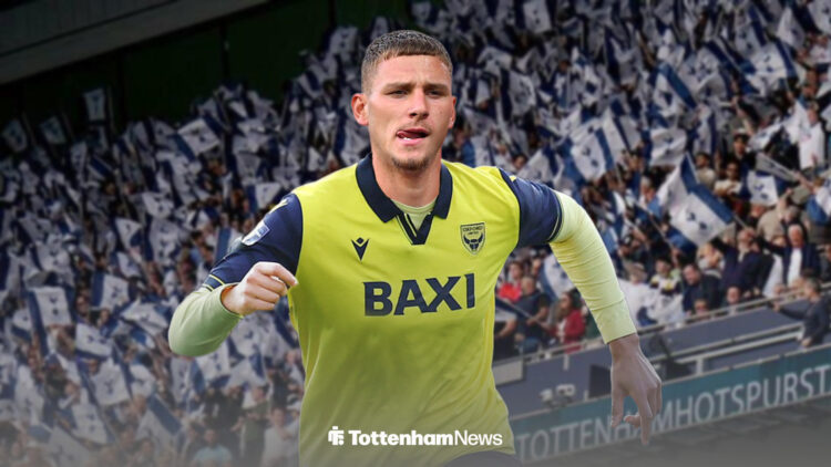 Jamie Donley in an Oxford United shirt in front of the Tottenham Hotspur Stadium.