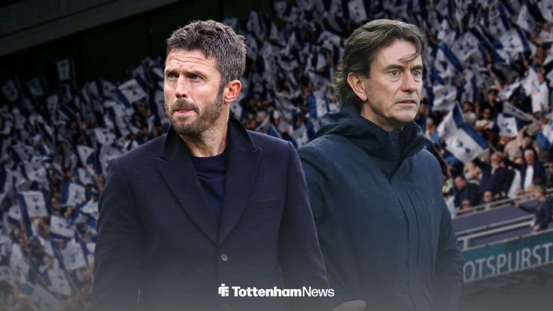 Michael Carrick and Thomas Frank stood in front of the London Stadium.