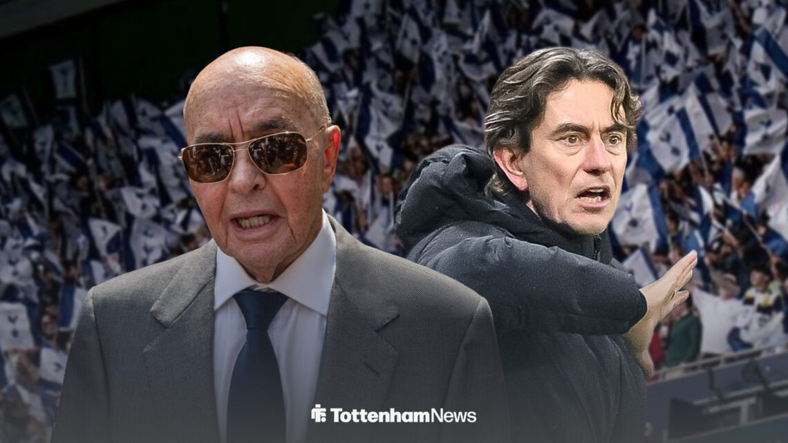 Thomas Frank and Joe Lewis with Tottenham Hotspur Stadium in the background.