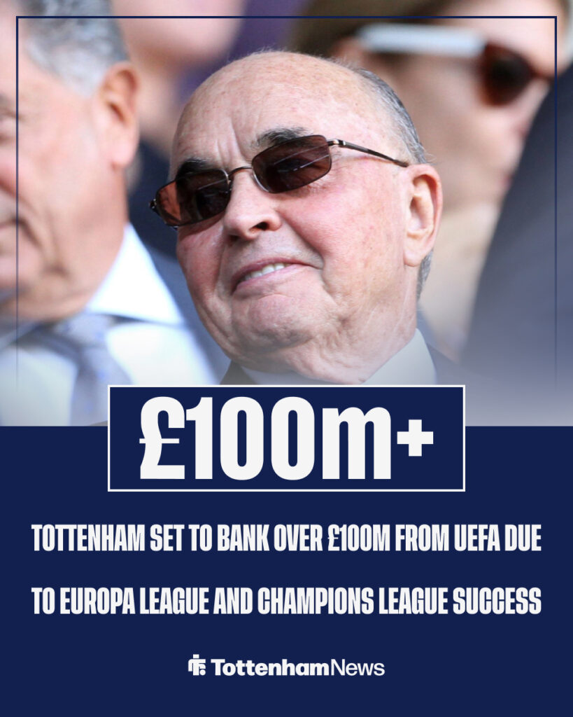 Tottenham owner Joe Lewis smiling behind a £100m UEFA jackpot graphic.