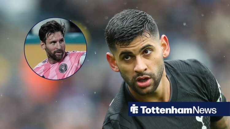 Lionel Messi celebrates a goal, while Cristian Romero looks on