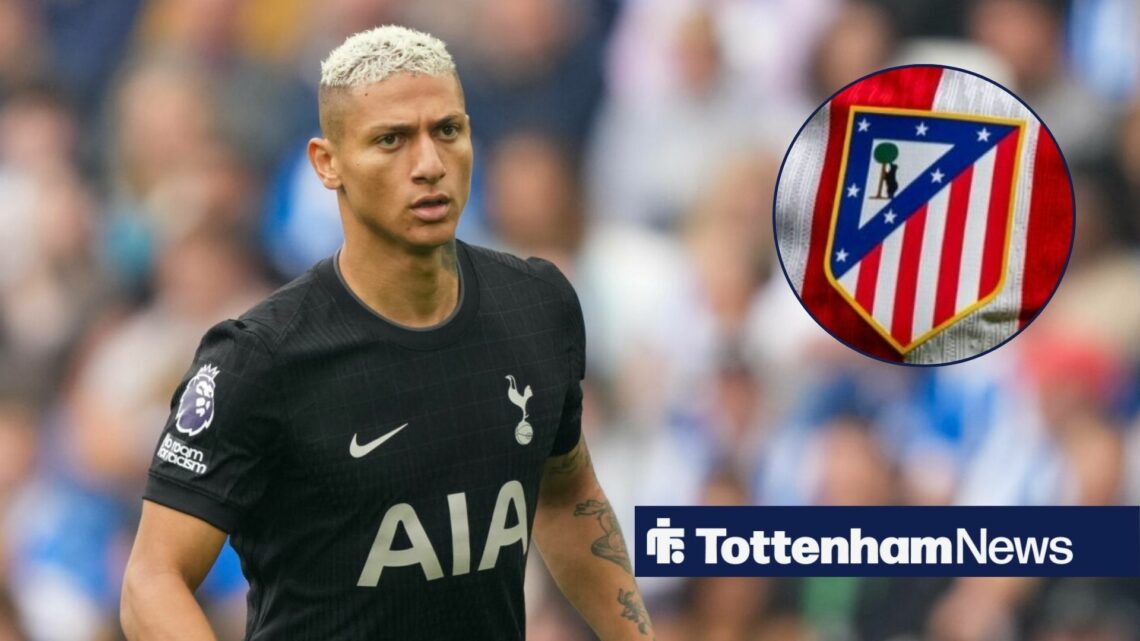 Richarlison in action for Tottenham with circular inset of Atletico Madrid badge